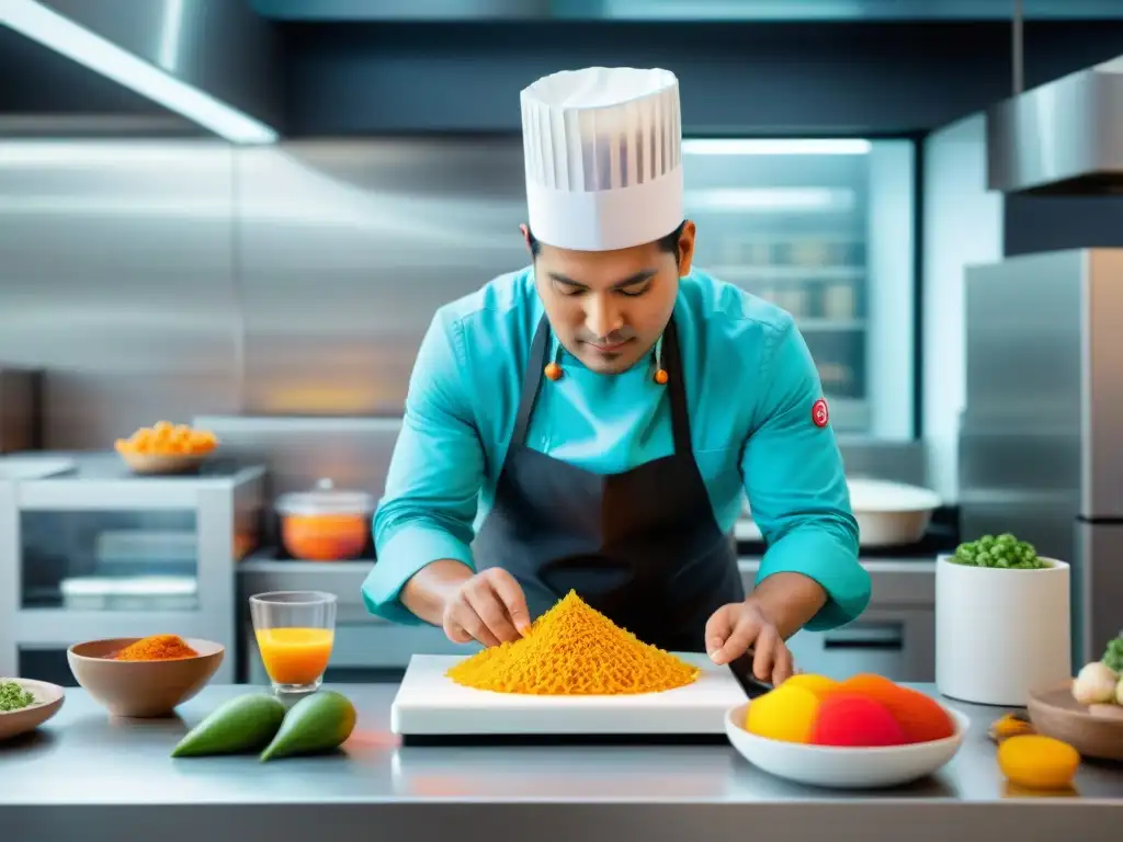 Chef peruano opera impresora 3D en cocina moderna, creando plato colorido y detallado