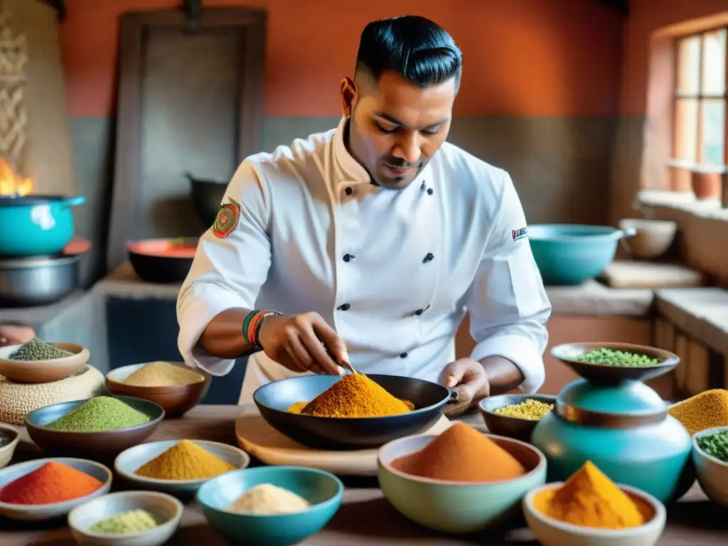 Un chef peruano con influencia africana preparando un plato tradicional en una cocina rústica