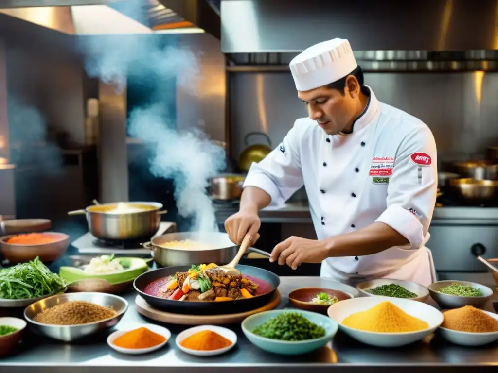 Chef peruano: pasión culinaria en alta resolución Un chef peruano influyente preparando un plato vibrante en una cocina bulliciosa