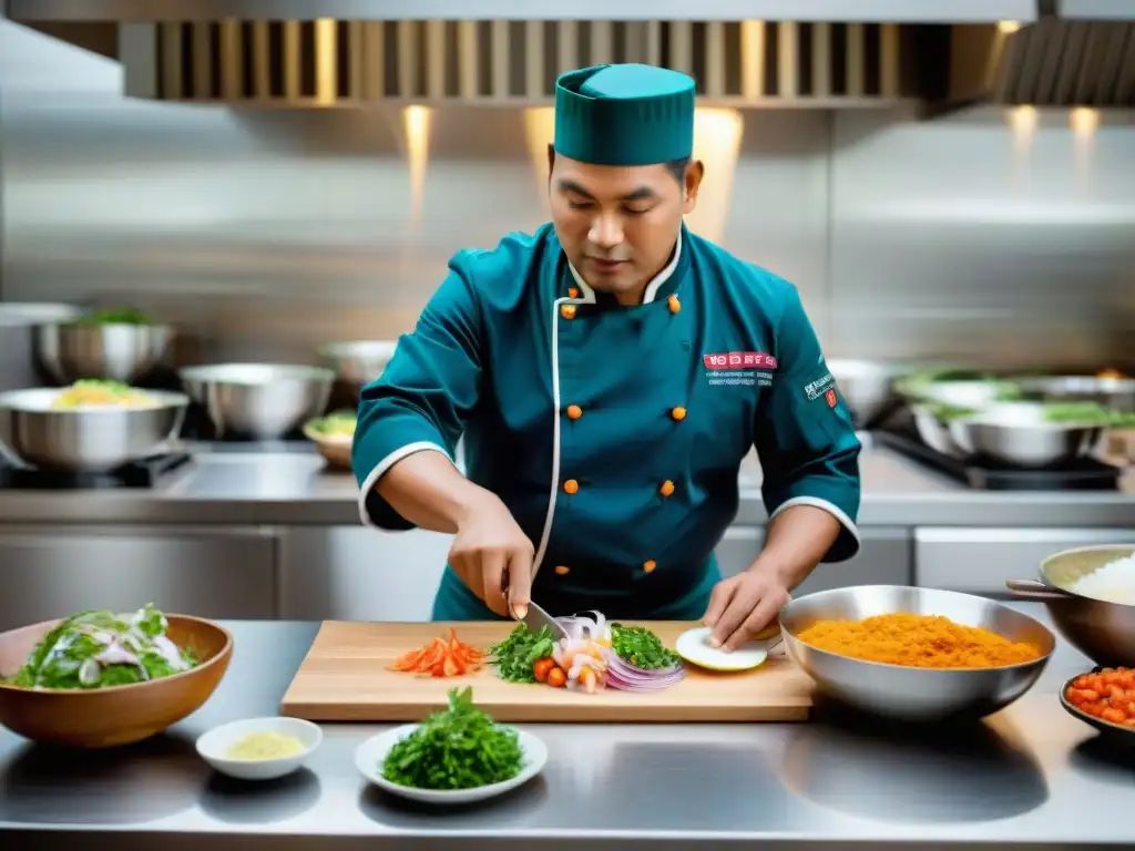 Un chef peruano fusiona ingredientes asiáticos y peruanos en un ceviche innovador en una cocina moderna