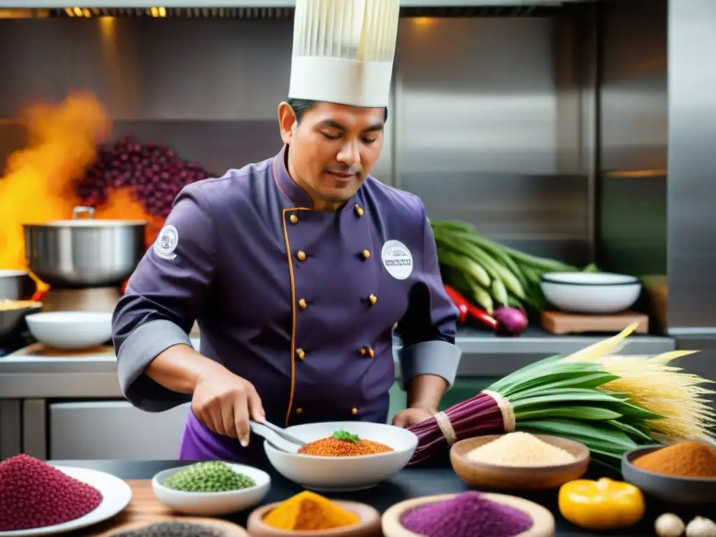 Un chef peruano fusiona ingredientes autóctonos en una cocina vibrante, reflejando la esencia de la fusión gastronómica peruana