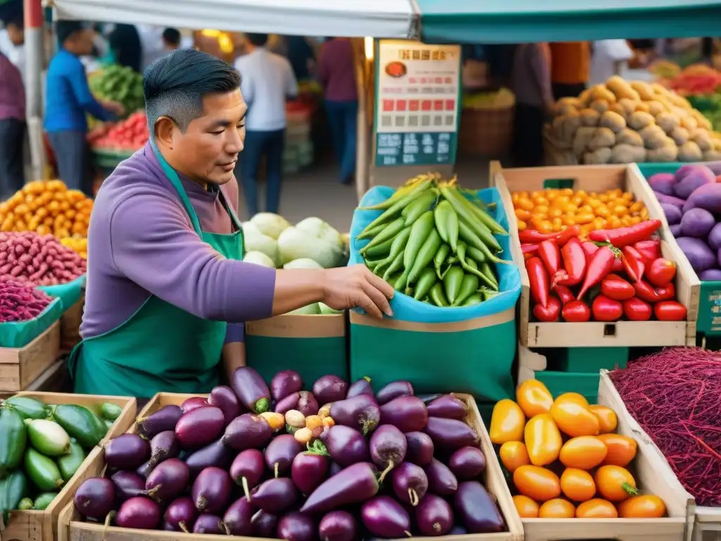 Chef peruano seleccionando ingredientes autóctonos en mercado de Lima, reflejando tradición e innovación culinaria