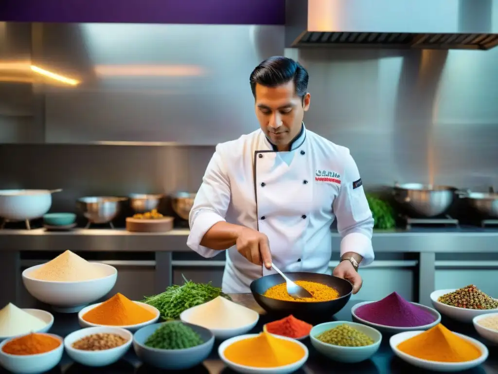 Chef peruano fusionando ingredientes autóctonos en cocina vibrante de Lima