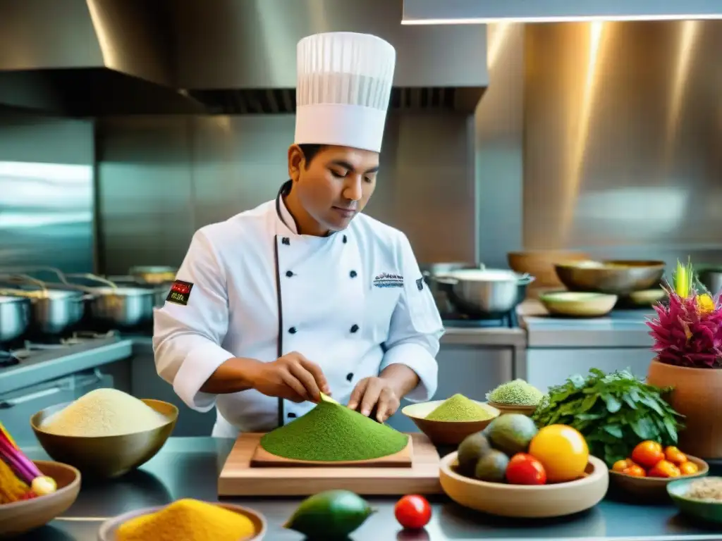 Un chef peruano fusiona ingredientes autóctonos en cocina moderna, representando la gastronomía peruana