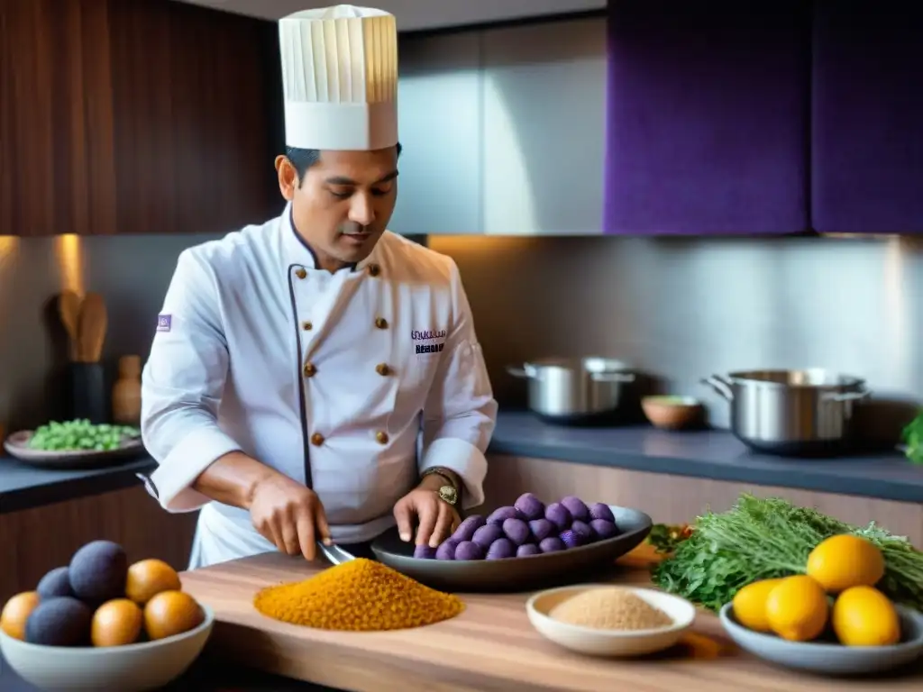 Chef peruano mezclando ingredientes autóctonos en cocina moderna, fusionando tradición e innovación en gastronomía peruana