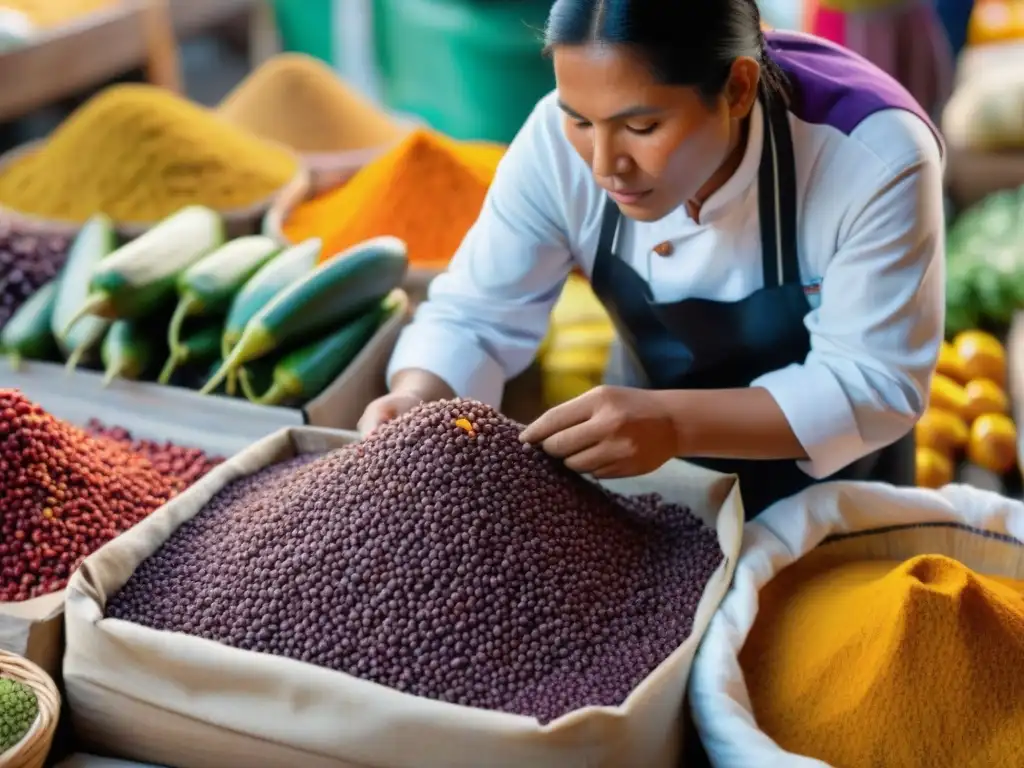 Un chef peruano selecciona ingredientes autóctonos en un bullicioso mercado de Lima, mostrando la riqueza de la cocina criolla