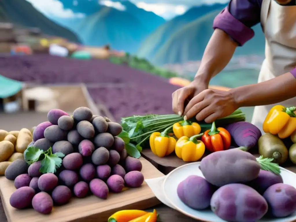 Un chef peruano selecciona ingredientes autóctonos en un mercado, con los Andes de fondo, reflejando la esencia de la gastronomía peruana