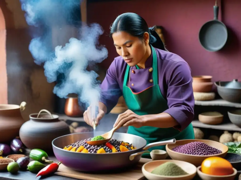 Chef peruano cocina ingredientes autóctonos en cocina tradicional con colores vibrantes y utensilios incas