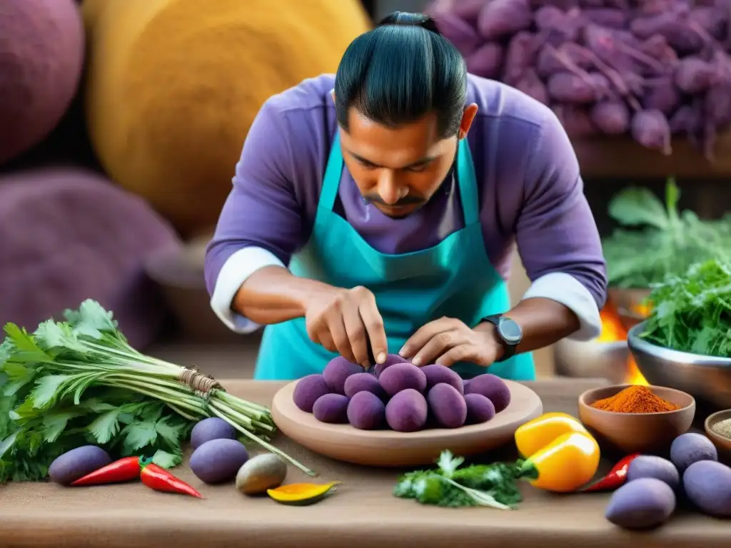 Un chef peruano cortando ingredientes autóctonos en una cocina vibrante de la gastronomía peruana