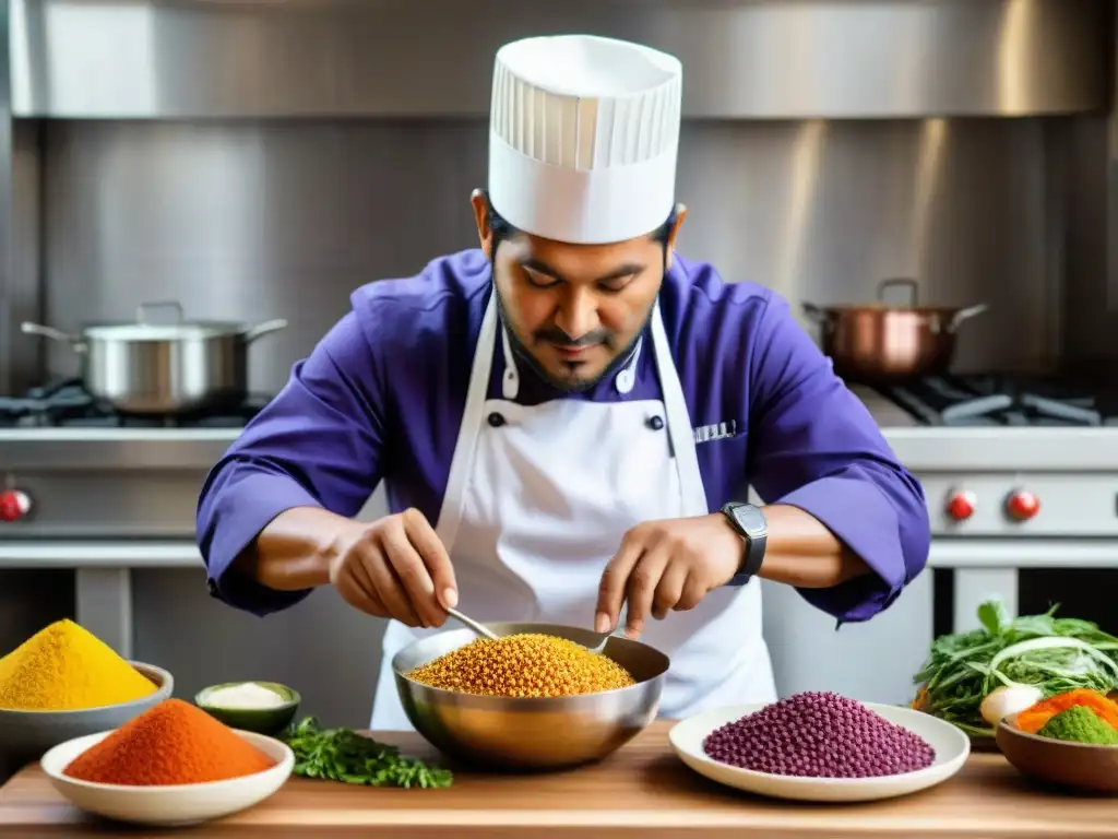 Un chef peruano fusiona ingredientes autóctonos en una cocina moderna, celebrando la herencia culinaria de Perú