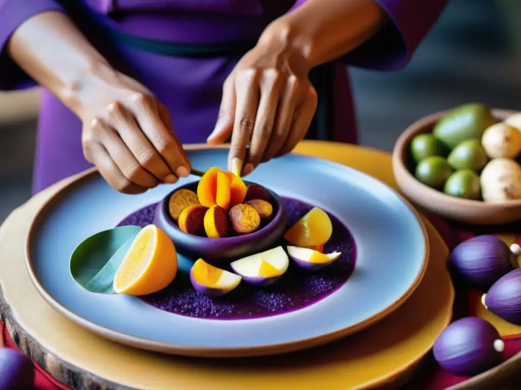 Chef peruano colocando ingredientes autóctonos en plato de cerámica