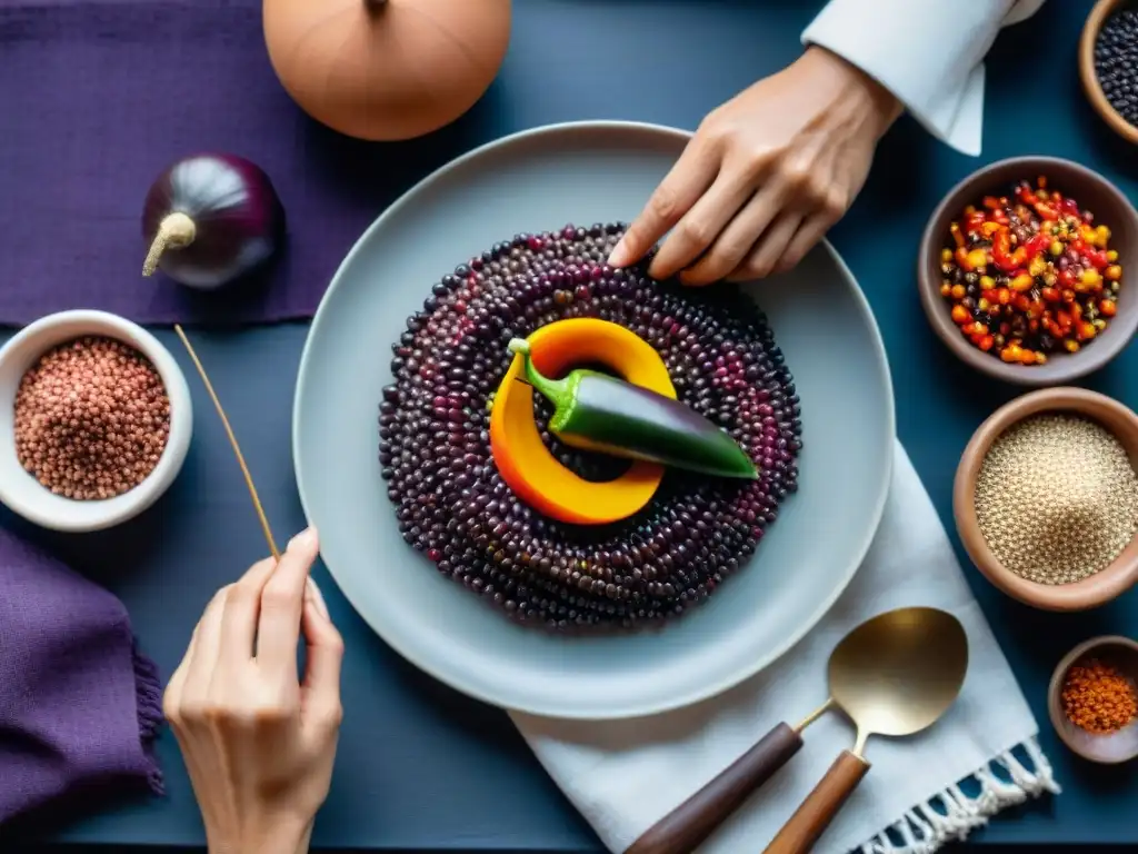 Chef peruano colocando ingredientes autóctonos en gastronomía peruana en plato moderno con telas y cerámica andina