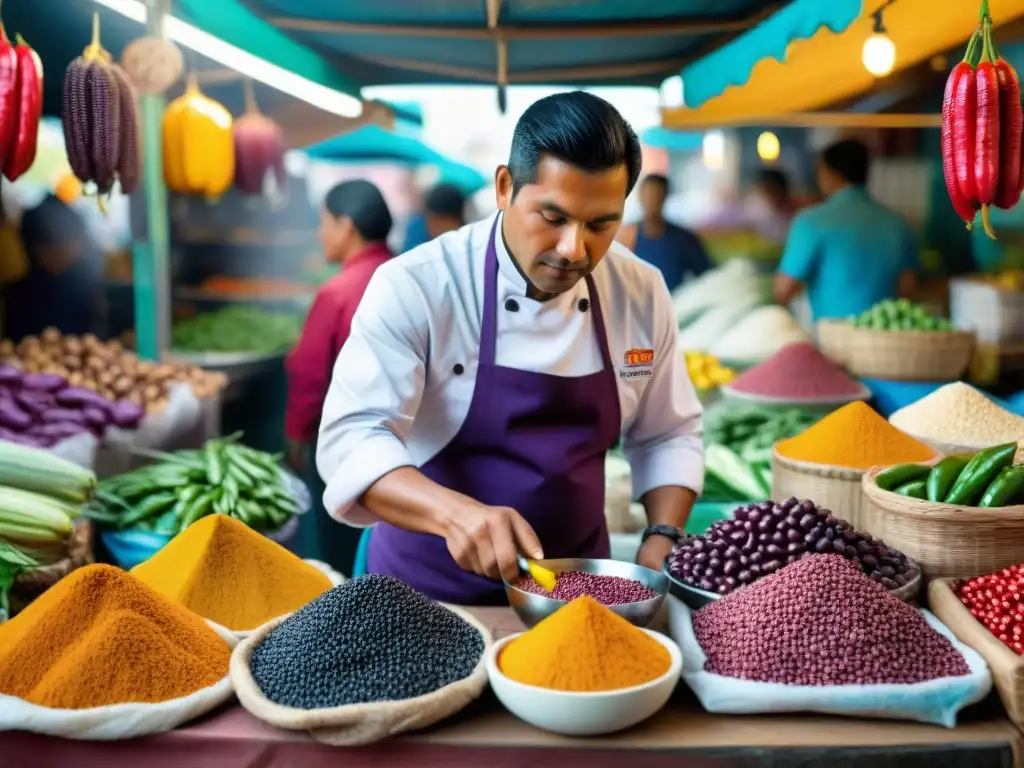 Chef peruano seleccionando ingredientes autóctonos en mercado, resaltando la importancia de la gastronomía peruana