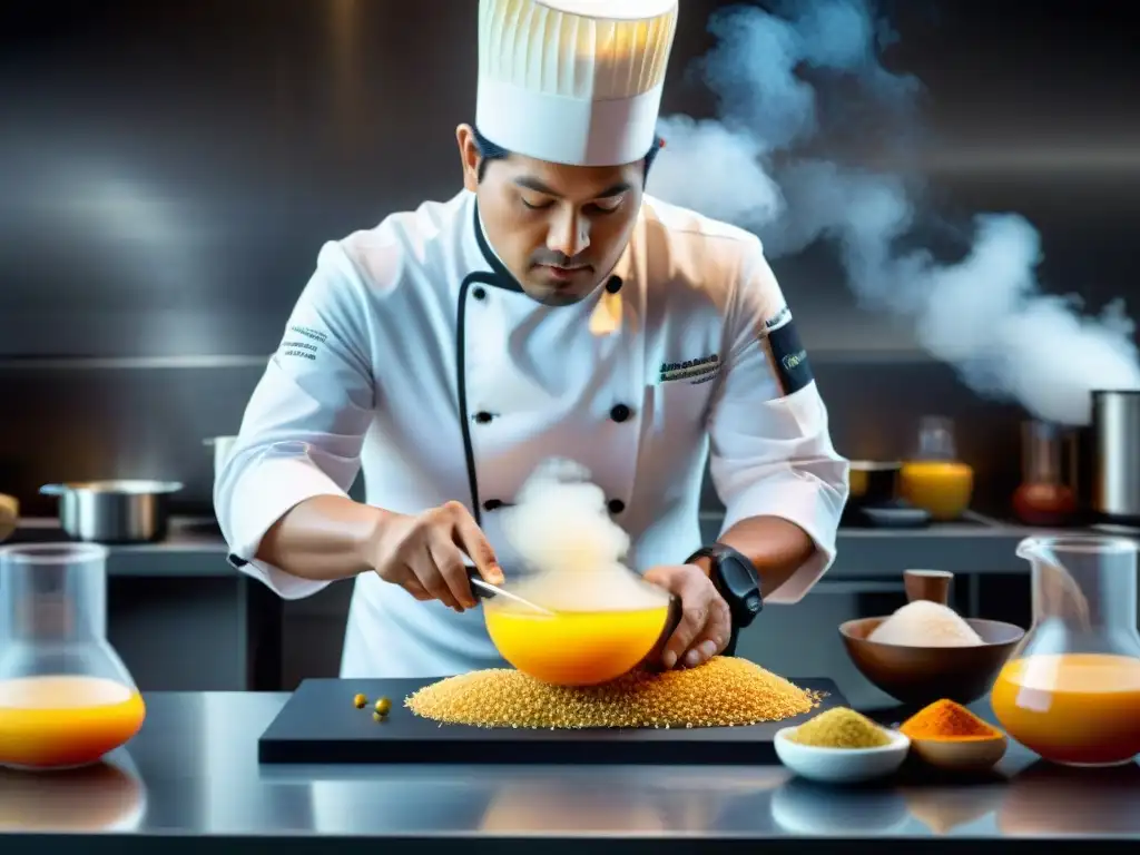 Chef peruano transformando ingredientes autóctonos en cocina molecular con quinoa, aji amarillo y lúcuma