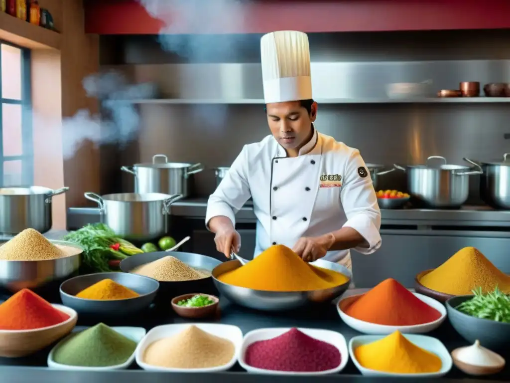 Un chef peruano fusionando ingredientes autóctonos con técnicas modernas en una cocina bulliciosa