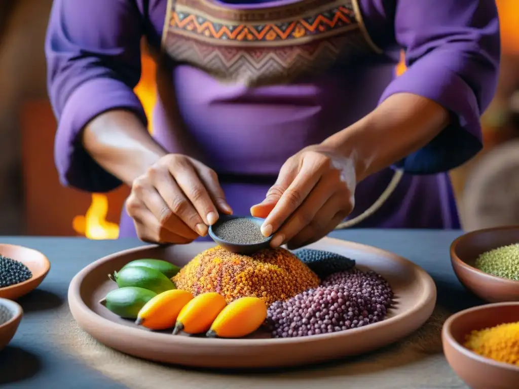 Un chef peruano arregla ingredientes autóctonos en una cocina andina, destacando la diversidad gastronómica peruana