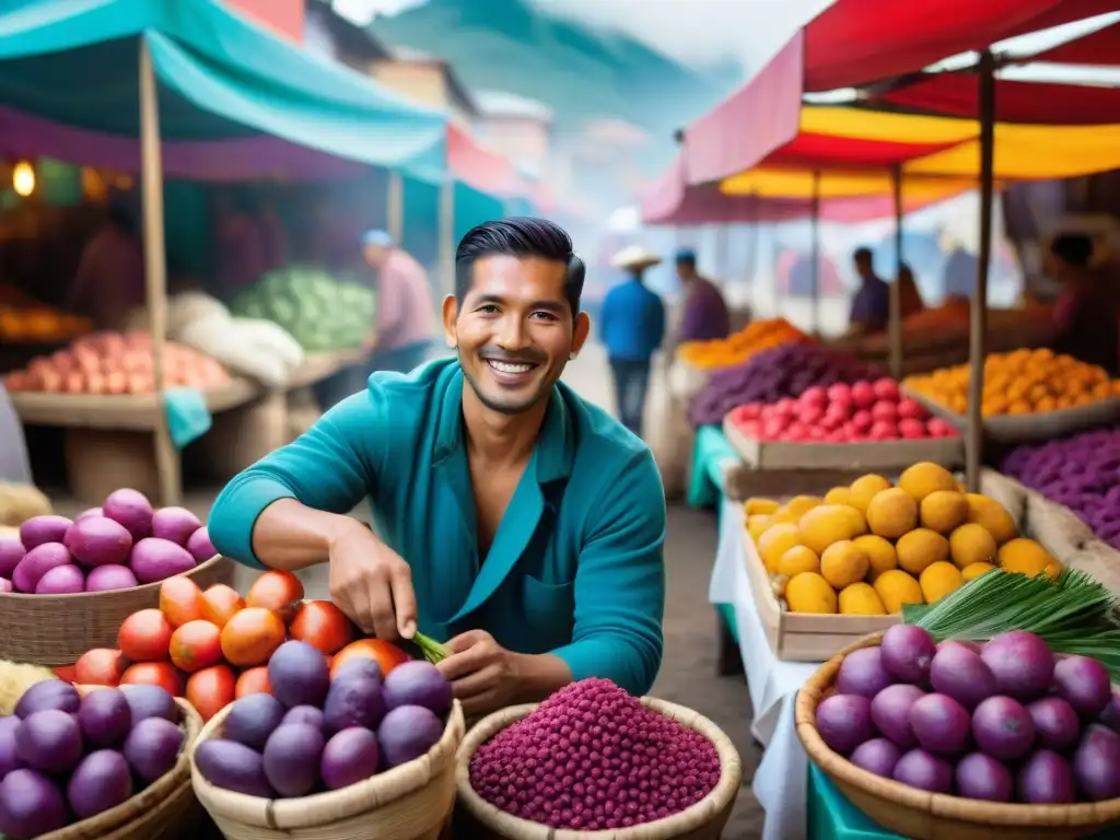 Un chef peruano seleccionando ingredientes autóctonos en un bullicioso mercado, celebrando la gastronomía peruana