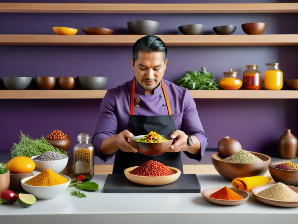 Un chef peruano fusiona ingredientes autóctonos en una cocina moderna, reflejando la riqueza de la gastronomía peruana