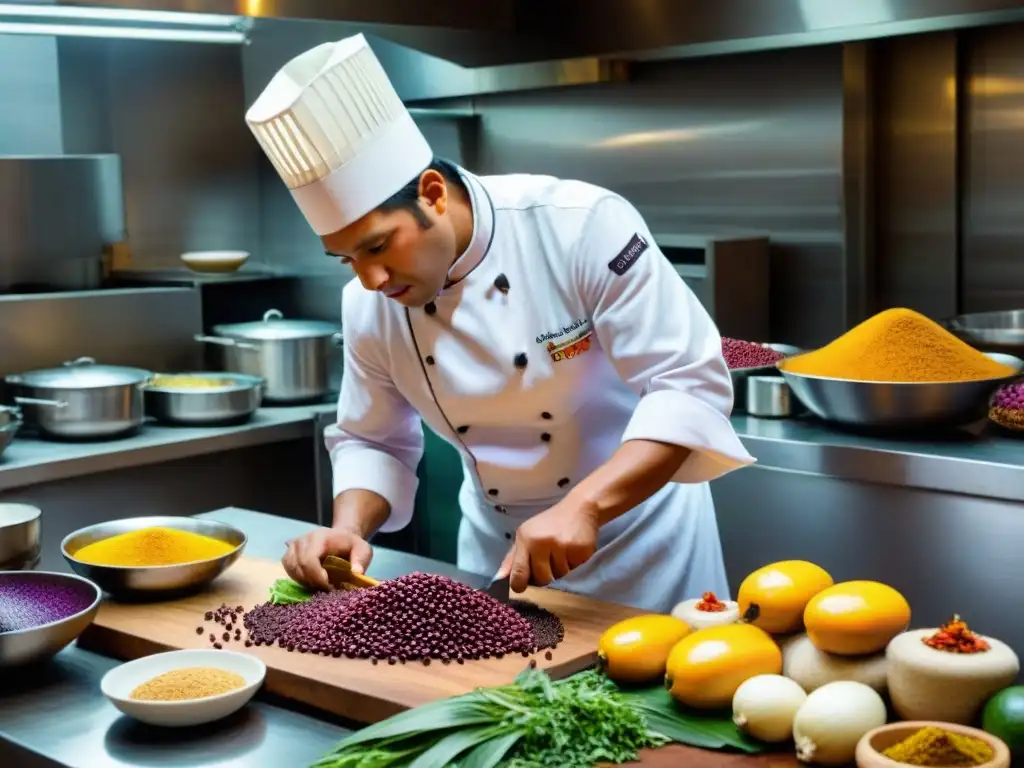 Chef peruano fusionando sabores: tradición e innovación Un chef peruano fusionando ingredientes autóctonos en una cocina bulliciosa