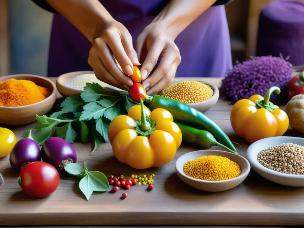 Arte culinario peruano: chef con ingredientes autóctonos Un chef peruano dispone ingredientes autóctonos con maestría