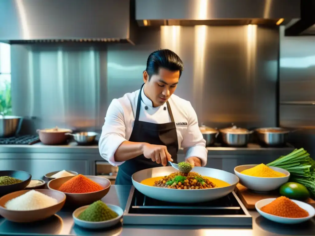 Un chef peruano fusiona ingredientes autóctonos en una cocina moderna, simbolizando la innovación de la cocina peruana