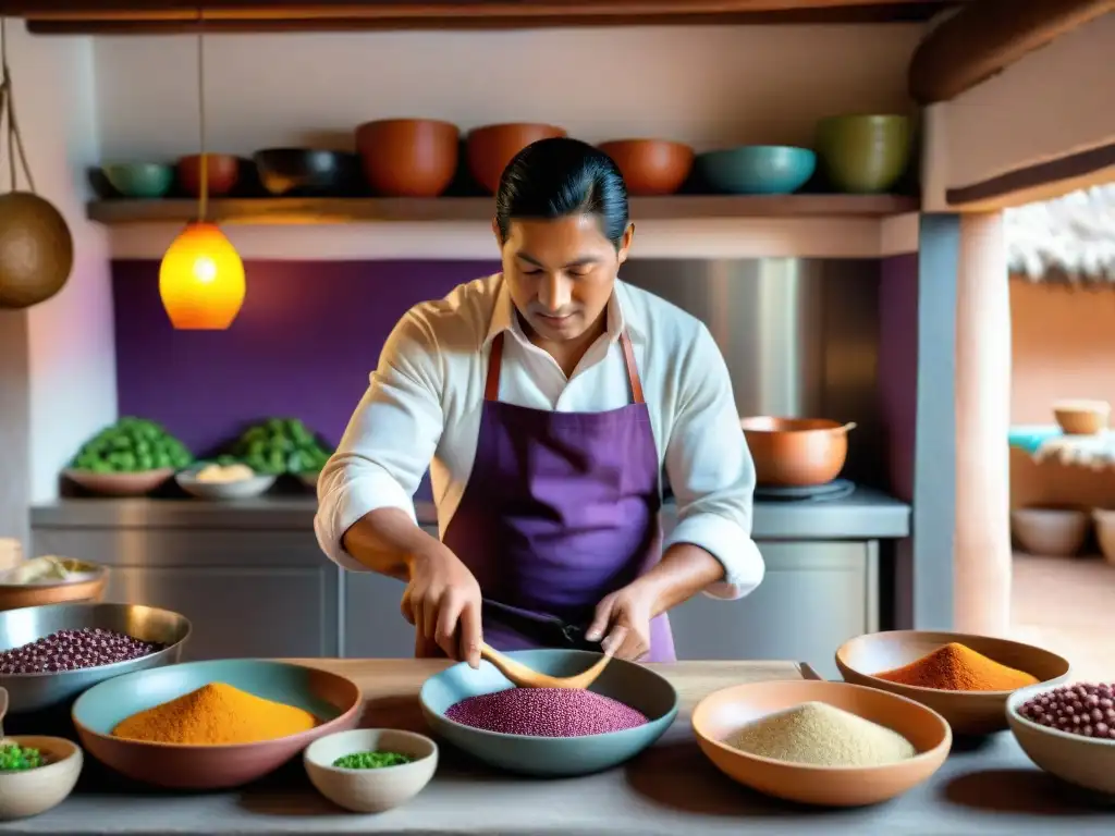 Un chef peruano preparando ingredientes autóctonos en una cocina tradicional, resaltando la rica culinaria peruana