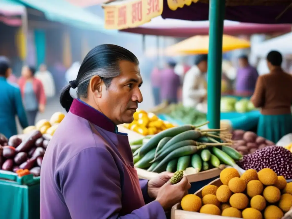 Chef peruano seleccionando ingredientes autóctonos en mercado local