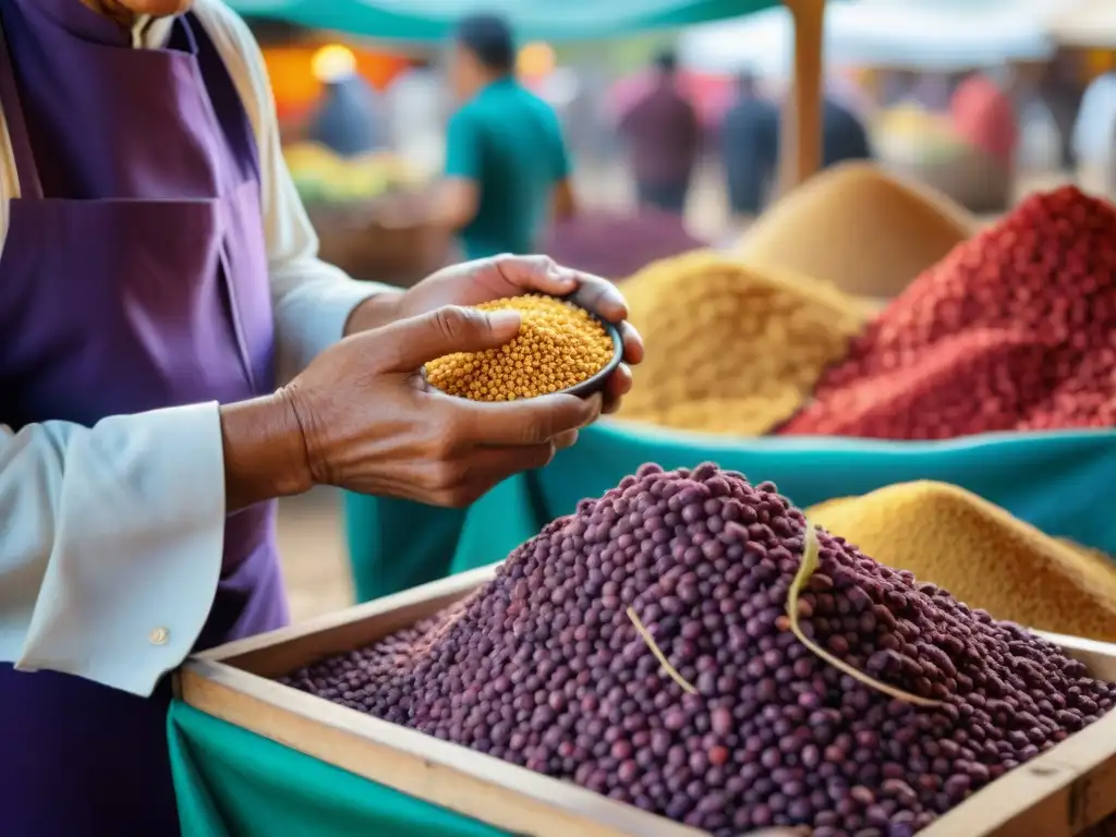 Chef peruano seleccionando ingredientes autóctonos en mercado andino