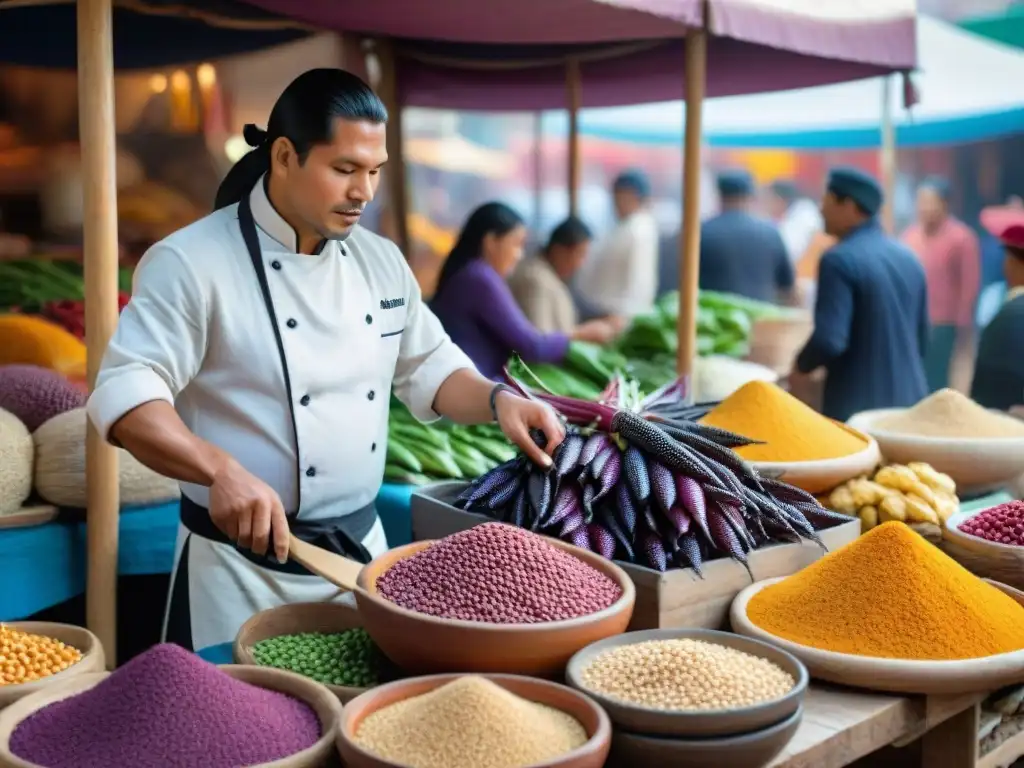 Chef peruano seleccionando ingredientes autóctonos en mercado andino, escena vibrante de gastronomía peruana sostenible