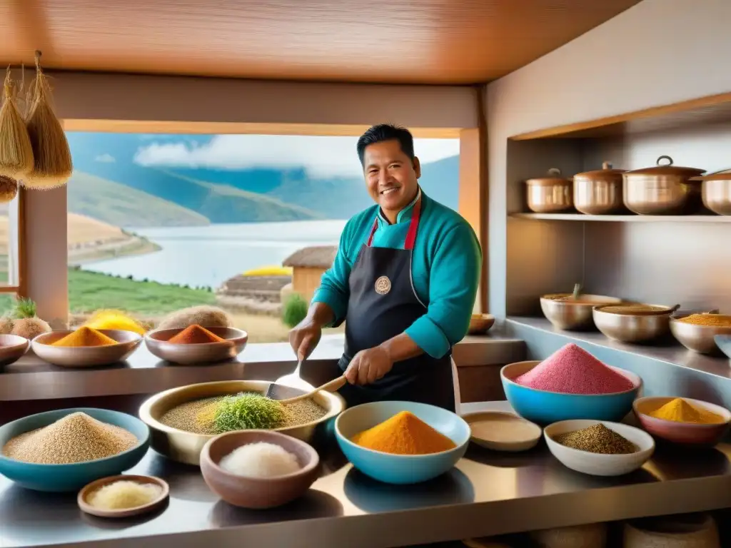 Un chef peruano prepara ingredientes autóctonos en la cocina de Puno, junto al Lago Titicaca