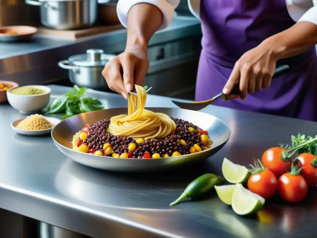 Un chef peruano fusiona ingredientes autóctonos en una cocina bulliciosa, creando platos ítaloperuanos