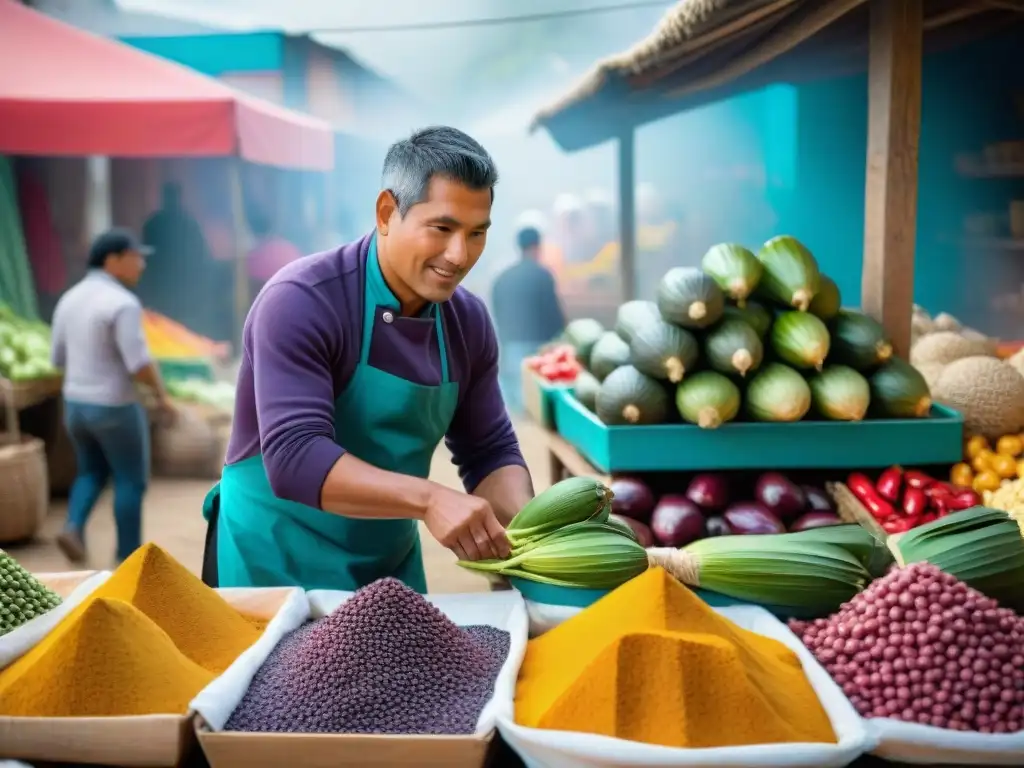 Chef peruano seleccionando ingredientes autóctonos en mercado local