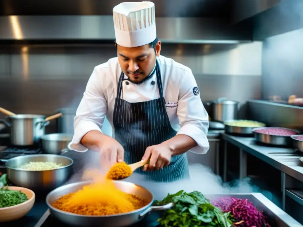 Un chef peruano reciclando ingredientes en una bulliciosa cocina, destacando la sostenibilidad y el arte culinario