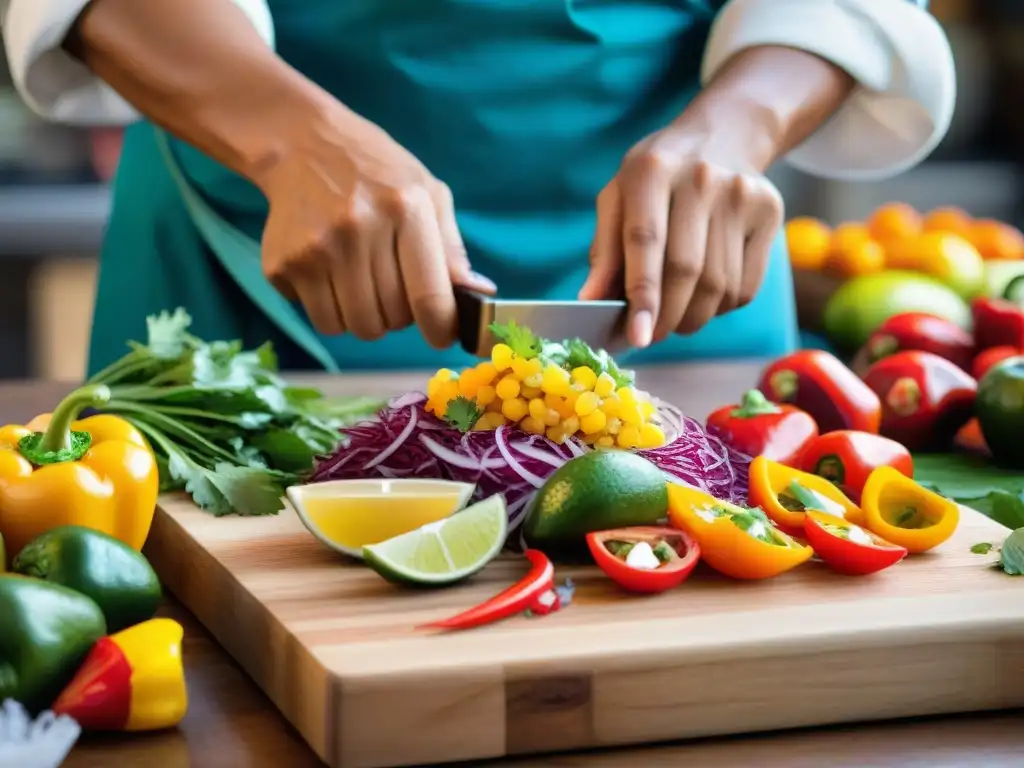 Un chef peruano cortando ingredientes para ceviche en un mercado peruano