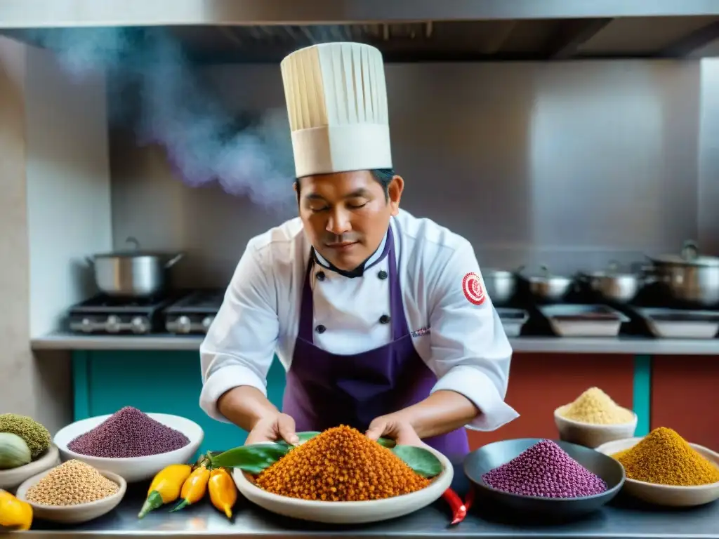 Un chef peruano reciclando ingredientes en una cocina tradicional, destacando el concepto de reciclaje en la cocina peruana