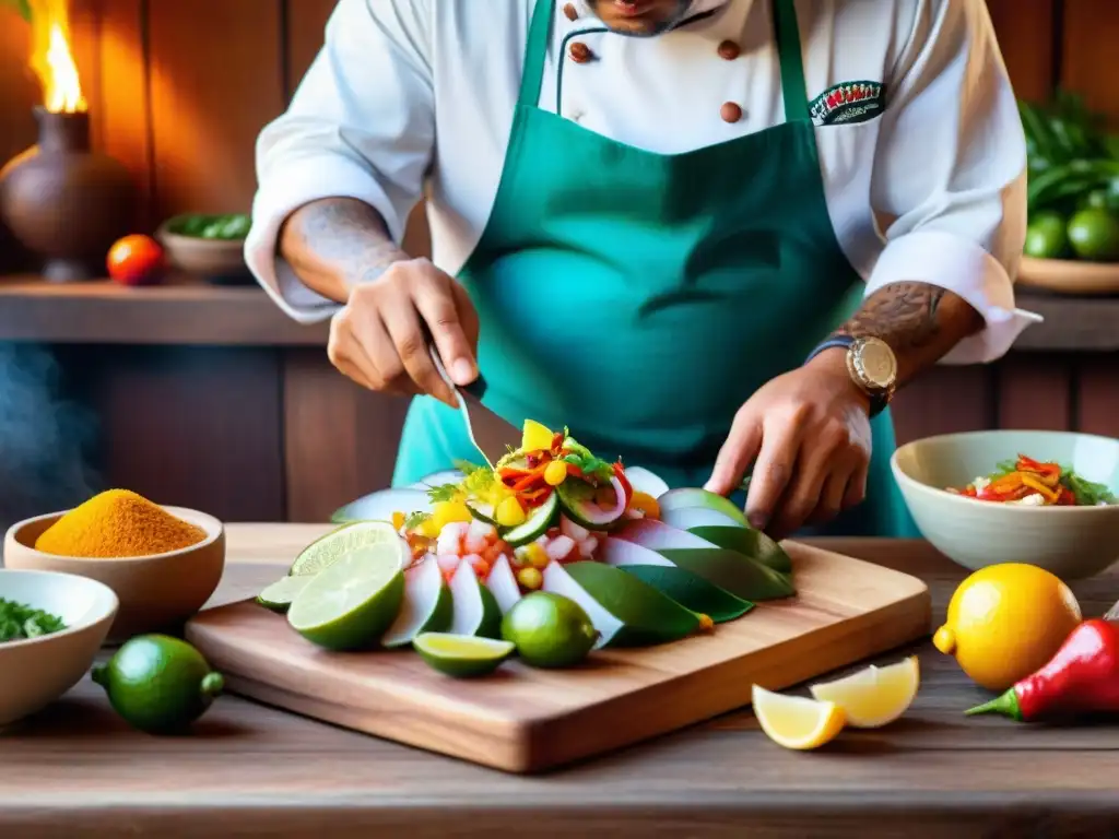 Un chef peruano fusionando ingredientes con maestría en una cocina auténtica