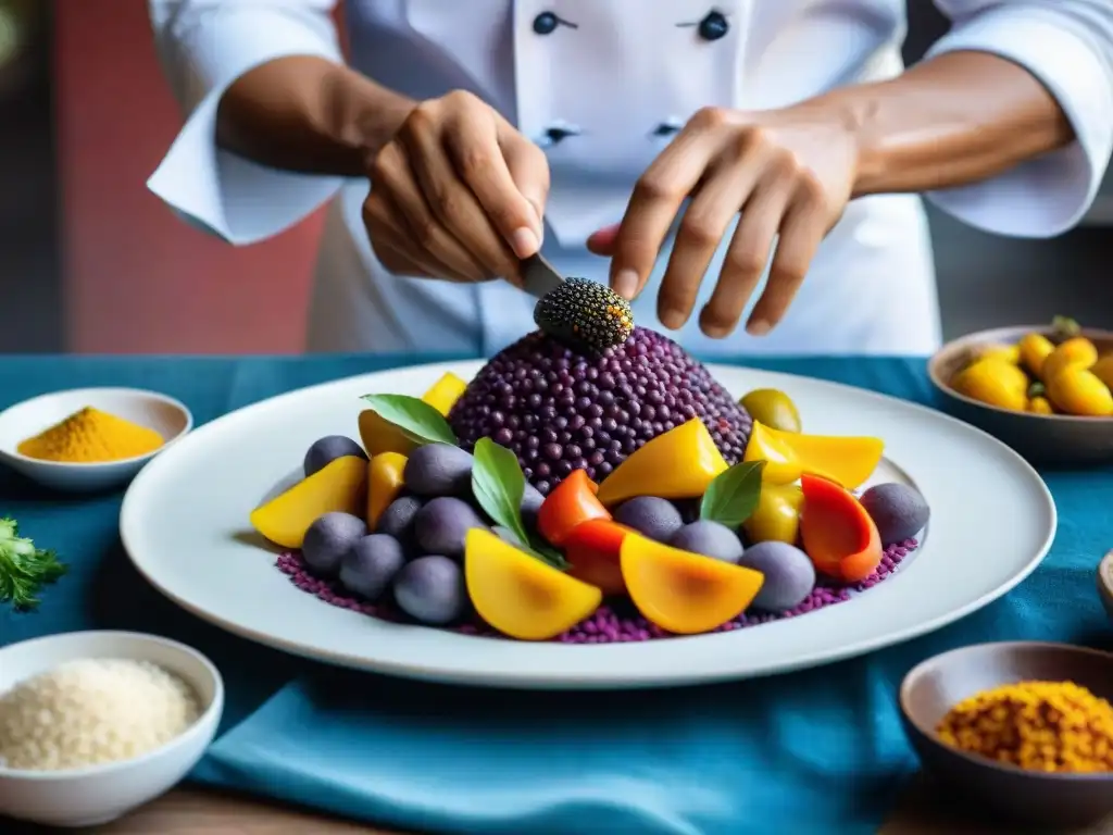 Un chef peruano organiza ingredientes coloridos en un plato blanco, representando el significado cultural de la comida peruana