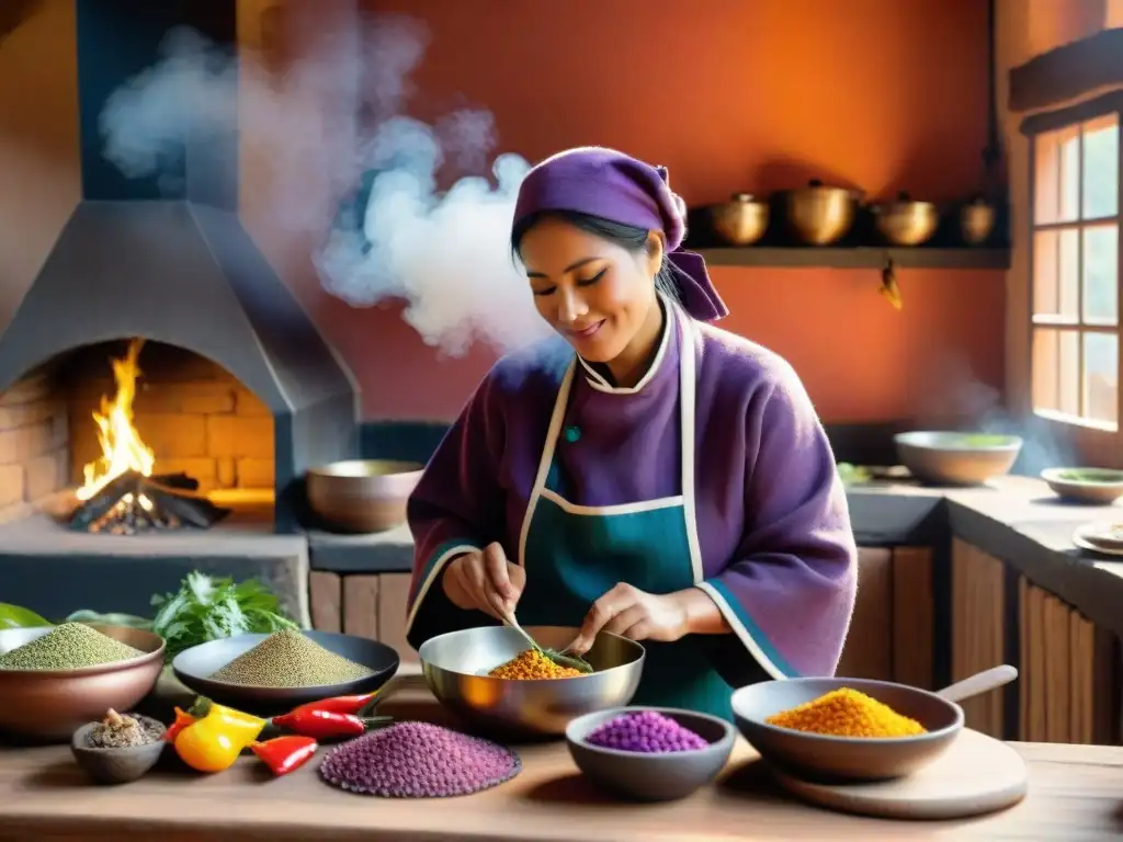 Un chef peruano preparando ingredientes culinarios imperio inca en cocina rústica