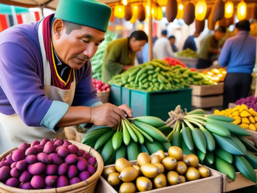 Chef peruano seleccionando ingredientes endémicos en mercado de Cusco