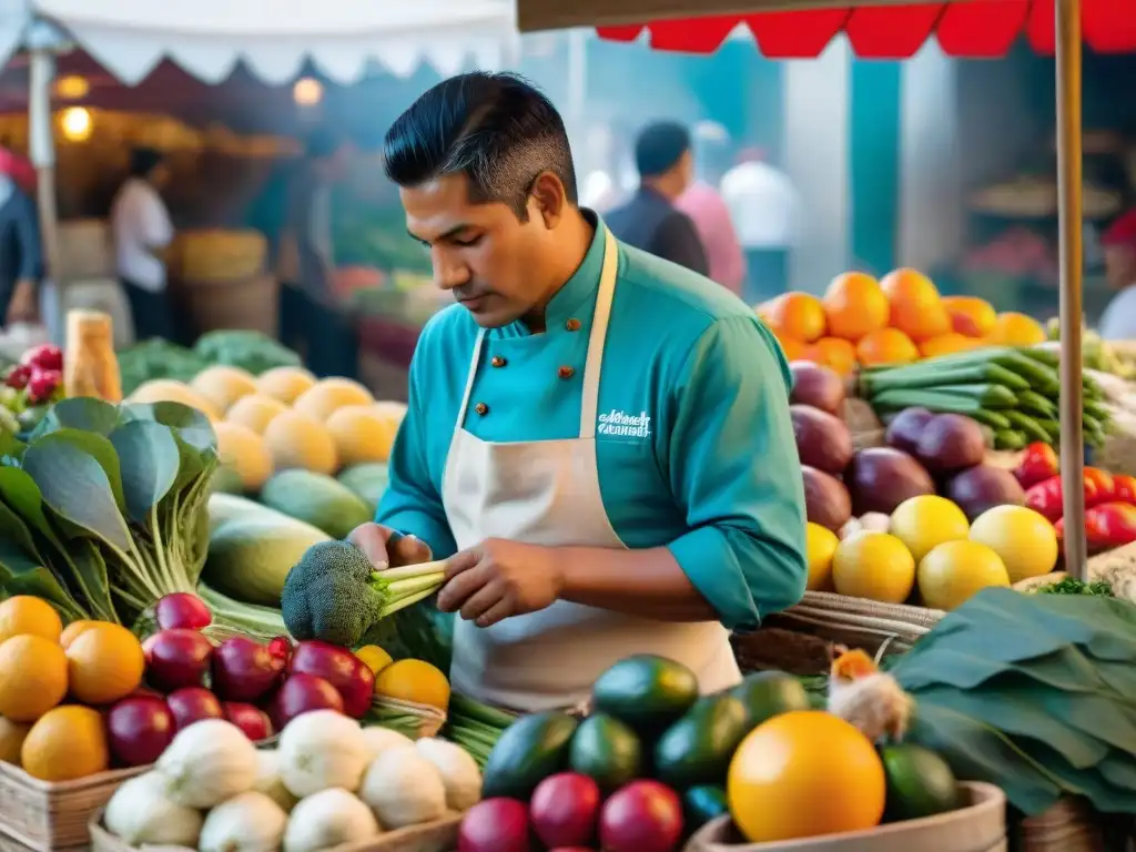 Un chef peruano seleccionando ingredientes frescos en un bullicioso mercado local de Perú