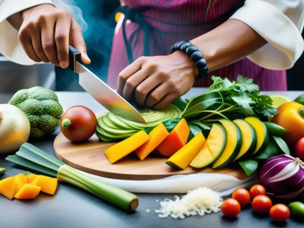 Un chef peruano cortando ingredientes frescos con un cuchillo de chef, reflejando la gastronomía peruana