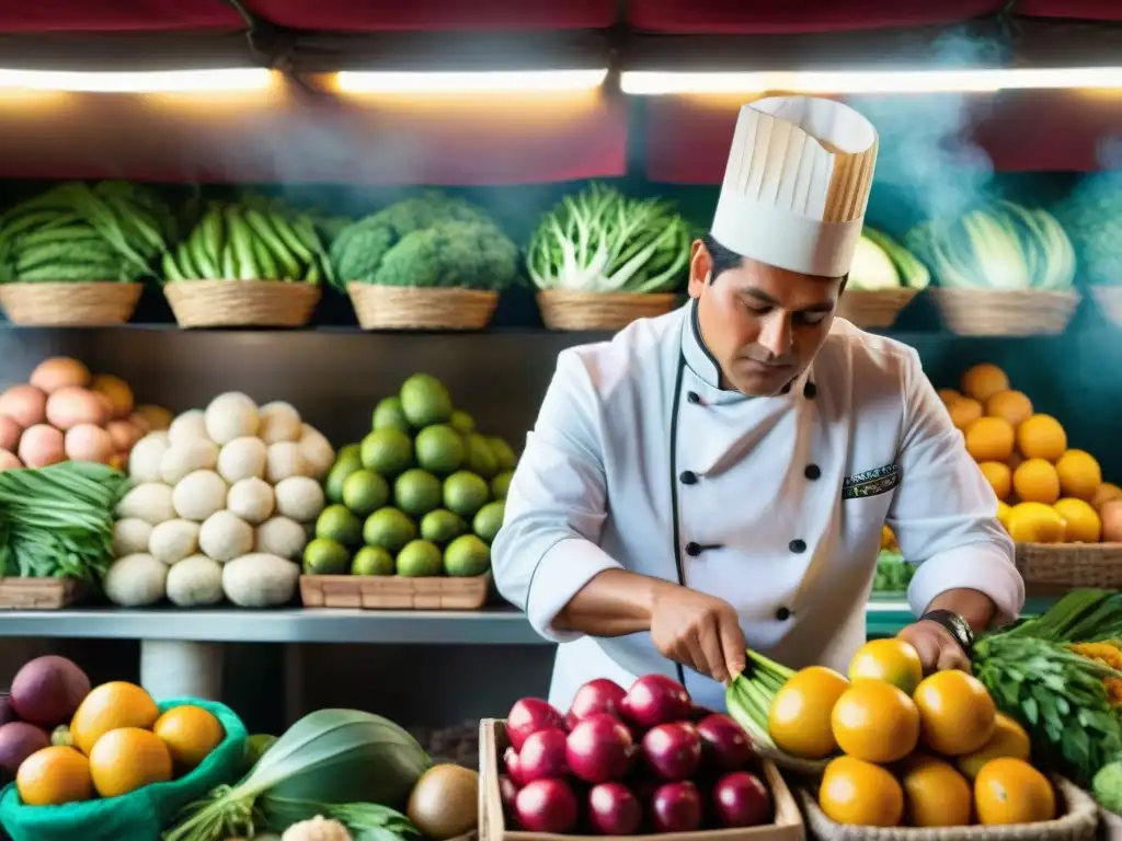 Chef peruano seleccionando ingredientes frescos en un bullicioso mercado, reflejando la autenticidad de la gastronomía peruana