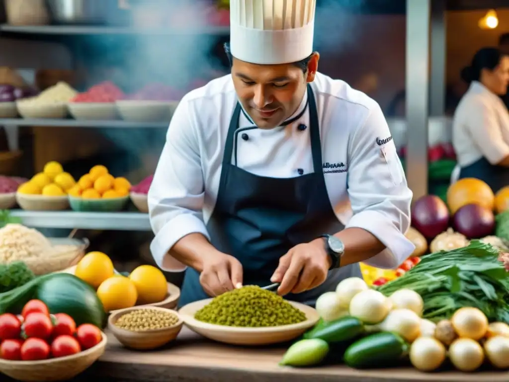 Chef peruano seleccionando ingredientes frescos en un mercado, capturando la esencia de la gastronomía peruana