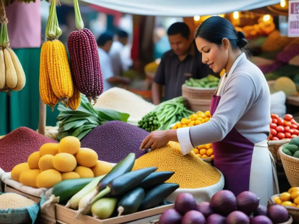 Un chef peruano selecciona ingredientes frescos en un bullicioso mercado peruano