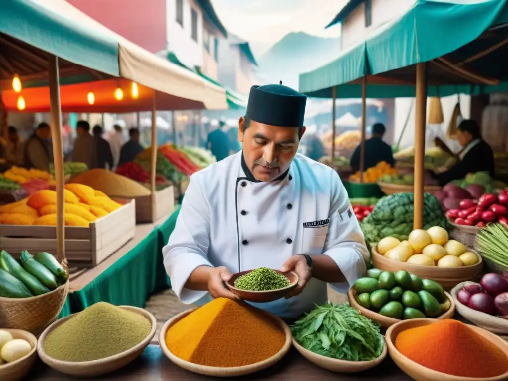 Un chef peruano seleccionando ingredientes frescos en un bullicioso mercado local