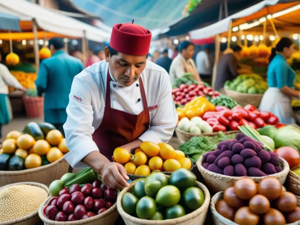 Chef peruano seleccionando ingredientes frescos en un bullicioso mercado local de Perú