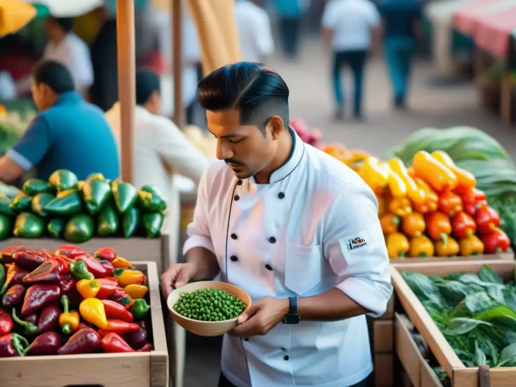 Un chef peruano selecciona ingredientes frescos en un mercado local vibrante