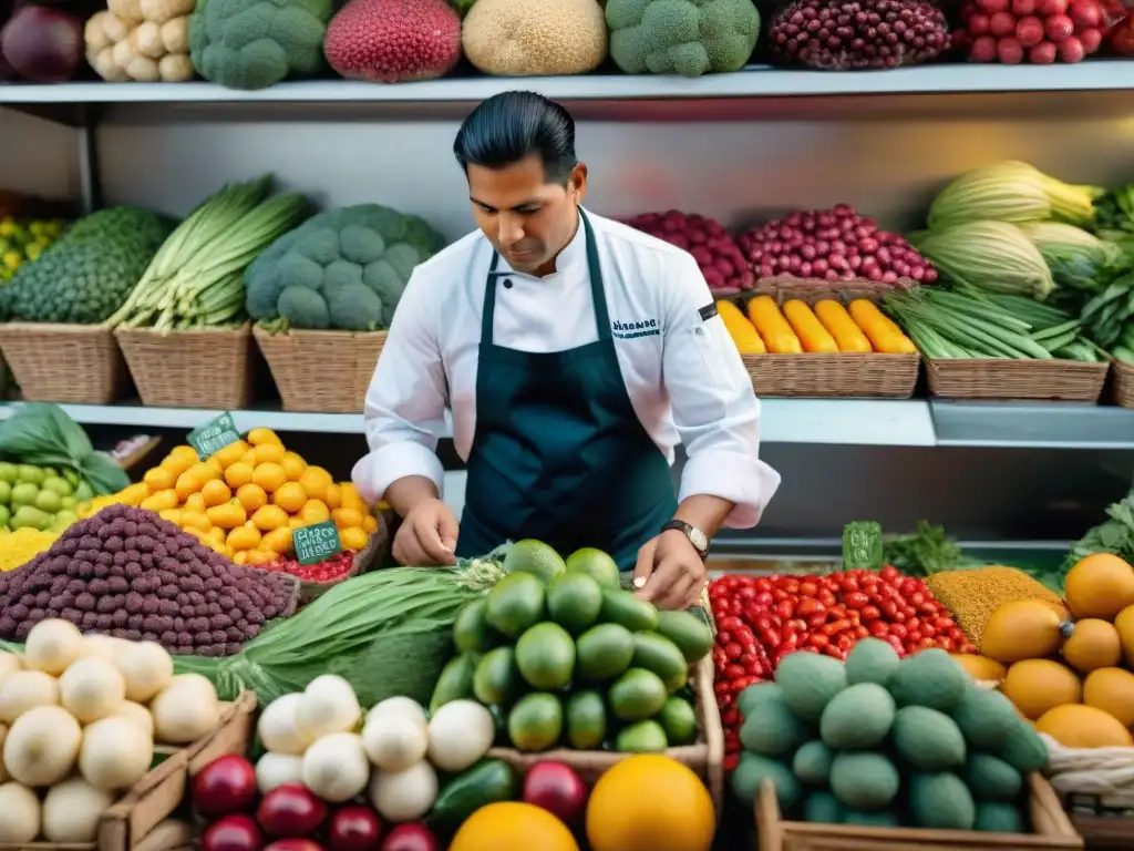 Un chef peruano seleccionando ingredientes frescos en un mercado bullicioso de Lima