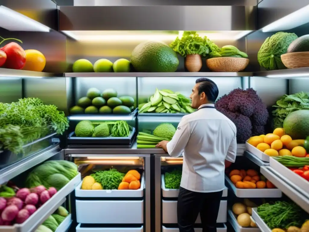 Un chef peruano selecciona ingredientes frescos en moderna cocina, destacando la refrigeración de ingredientes peruanos