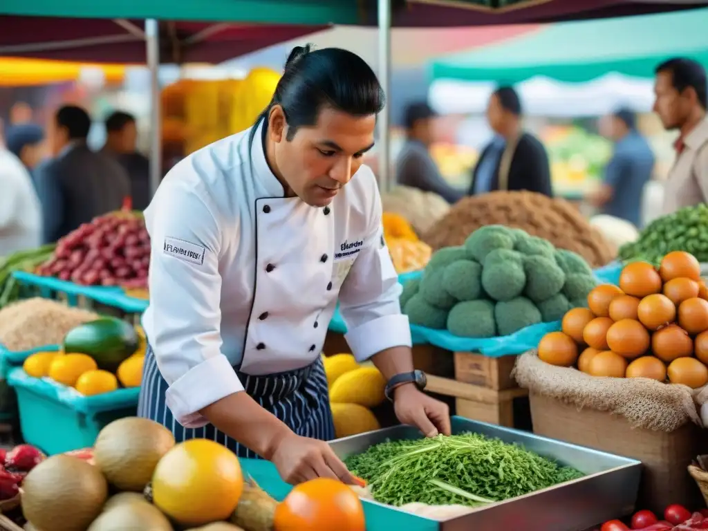 Chef peruano seleccionando ingredientes frescos en un animado mercado local